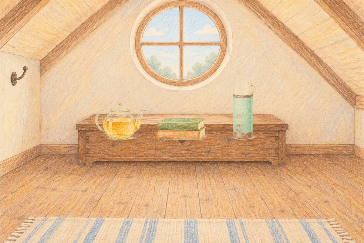 잠실 여성전용 경락 케어 안내 그림, 낮의 다락방 나무 궤짝 위에 놓인 유리 티포트, 책 두 권, 보온병