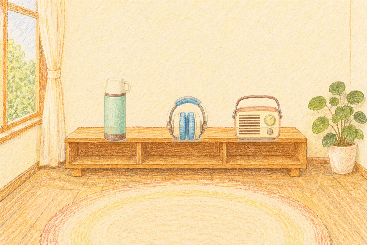 잠실 여성전용 얼굴 경락 안내 그림, 낮의 창가 낮은 선반 위에 놓인 보온병, 헤드폰, 작은 라디오