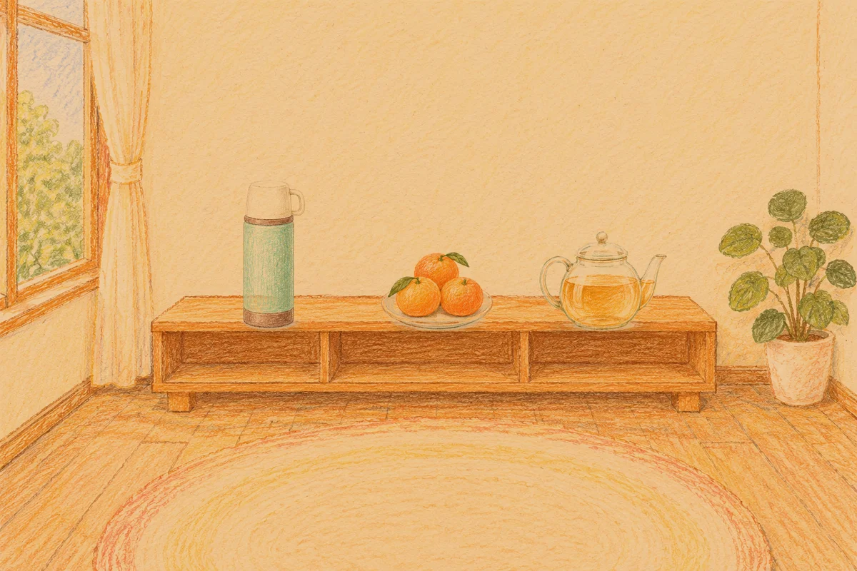잠실 여성전용 경락마사지 후기 안내 그림, 저녁의 창가 낮은 선반 위에 놓인 보온병, 귤이 담긴 접시, 유리 티포트