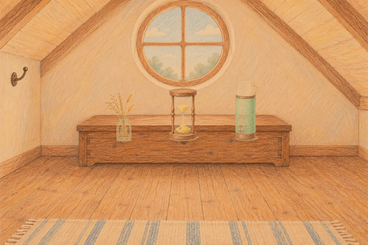 잠실 여성전용 경락 가격 안내 그림, 저녁의 다락방 나무 궤짝 위에 놓인 마른 풀을 꽂은 항아리, 모래시계, 보온병