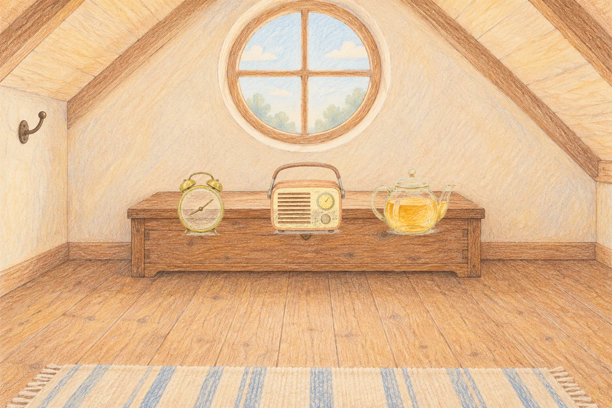 잠실 여성전용 홈케어 안내 그림, 낮의 다락방 나무 궤짝 위에 놓인 둥근 알람시계, 작은 라디오, 유리 티포트
