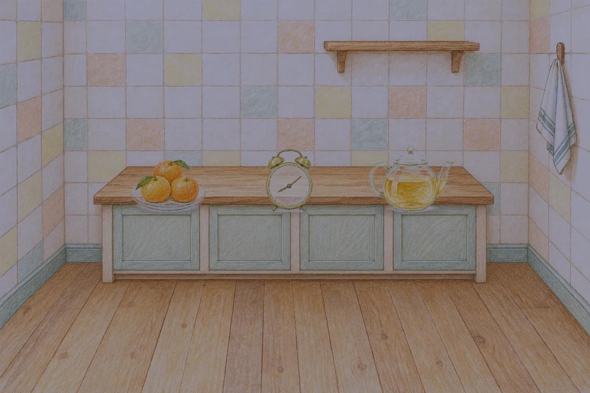 잠실 여성전용 방문 홈케어 안내 그림, 밤의 부엌 나무 조리대 위에 놓인 귤이 담긴 접시, 둥근 알람시계, 유리 티포트