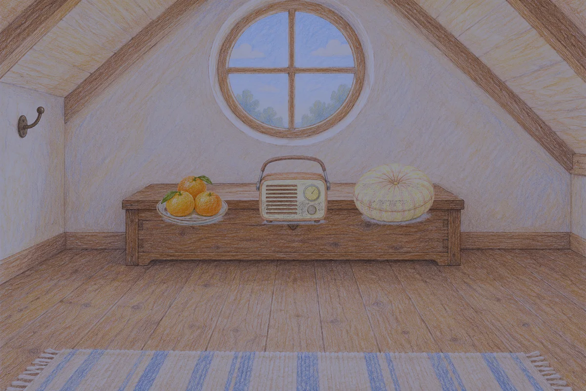 잠실 여성전용 1인샵 안내 그림, 밤의 다락방 나무 궤짝 위에 놓인 귤이 담긴 접시, 작은 라디오, 둥근 쿠션