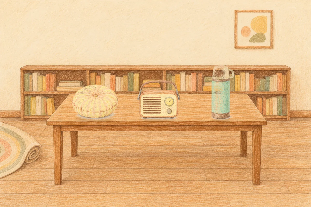 잠실 여성전용 프라이빗 케어 안내 그림, 낮의 서재 긴 책상 위에 놓인 둥근 쿠션, 작은 라디오, 보온병