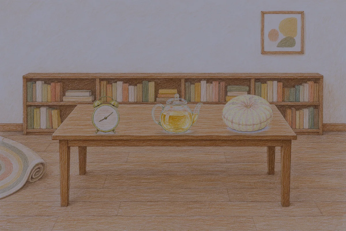 잠실 여성전용 발관리 안내 그림, 밤의 서재 긴 책상 위에 놓인 둥근 알람시계, 유리 티포트, 둥근 쿠션