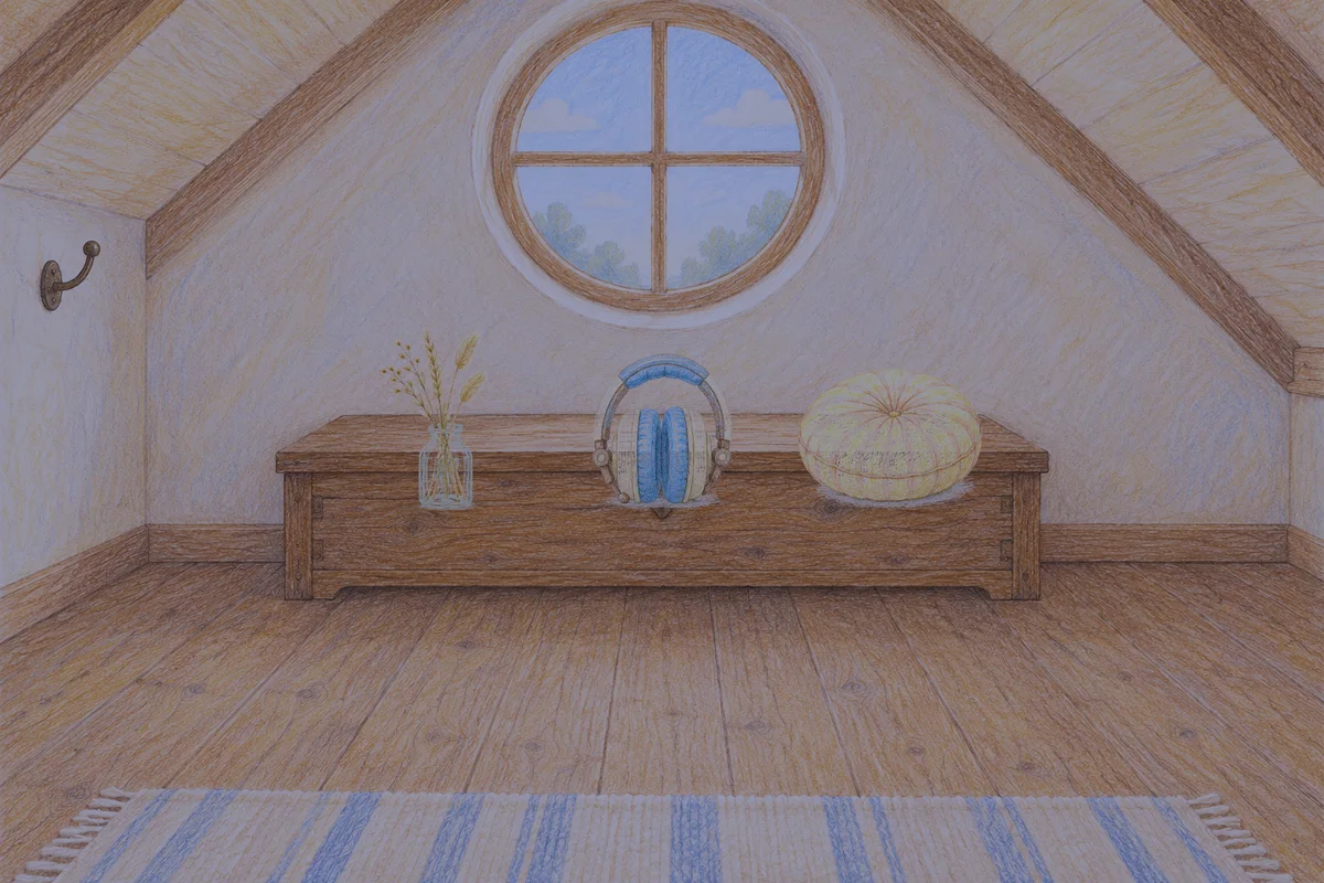 잠실 여성전용 발마사지 안내 그림, 밤의 다락방 나무 궤짝 위에 놓인 마른 풀을 꽂은 항아리, 헤드폰, 둥근 쿠션