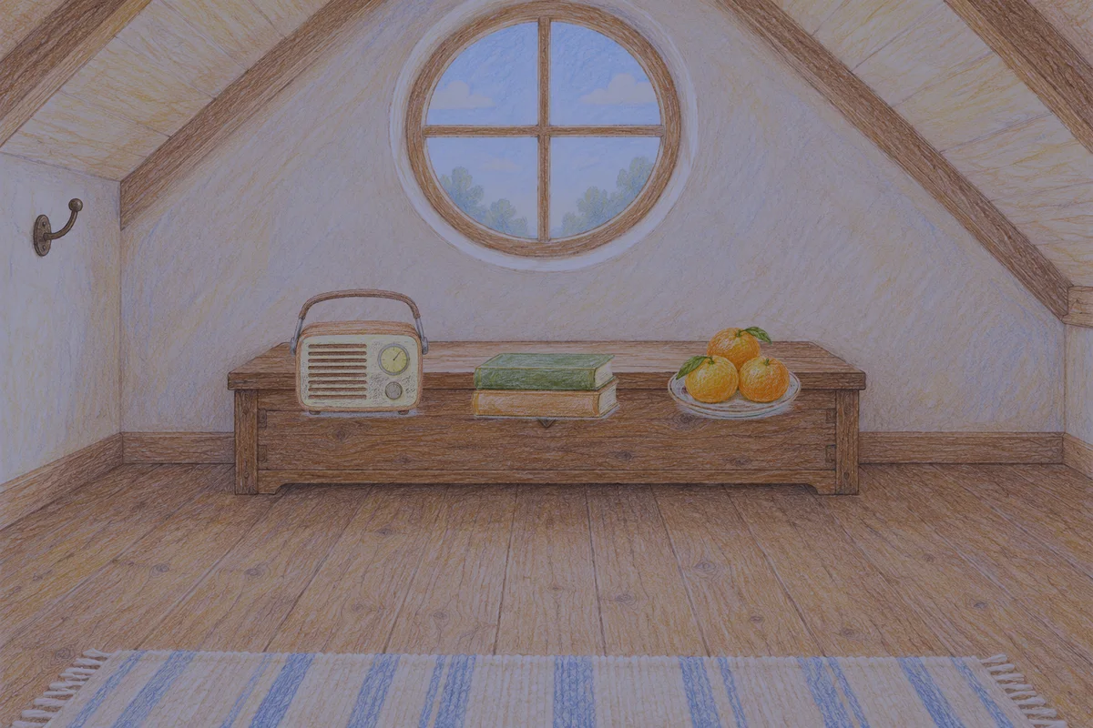 잠실 여성전용 발 케어 안내 그림, 밤의 다락방 나무 궤짝 위에 놓인 작은 라디오, 책 두 권, 귤이 담긴 접시