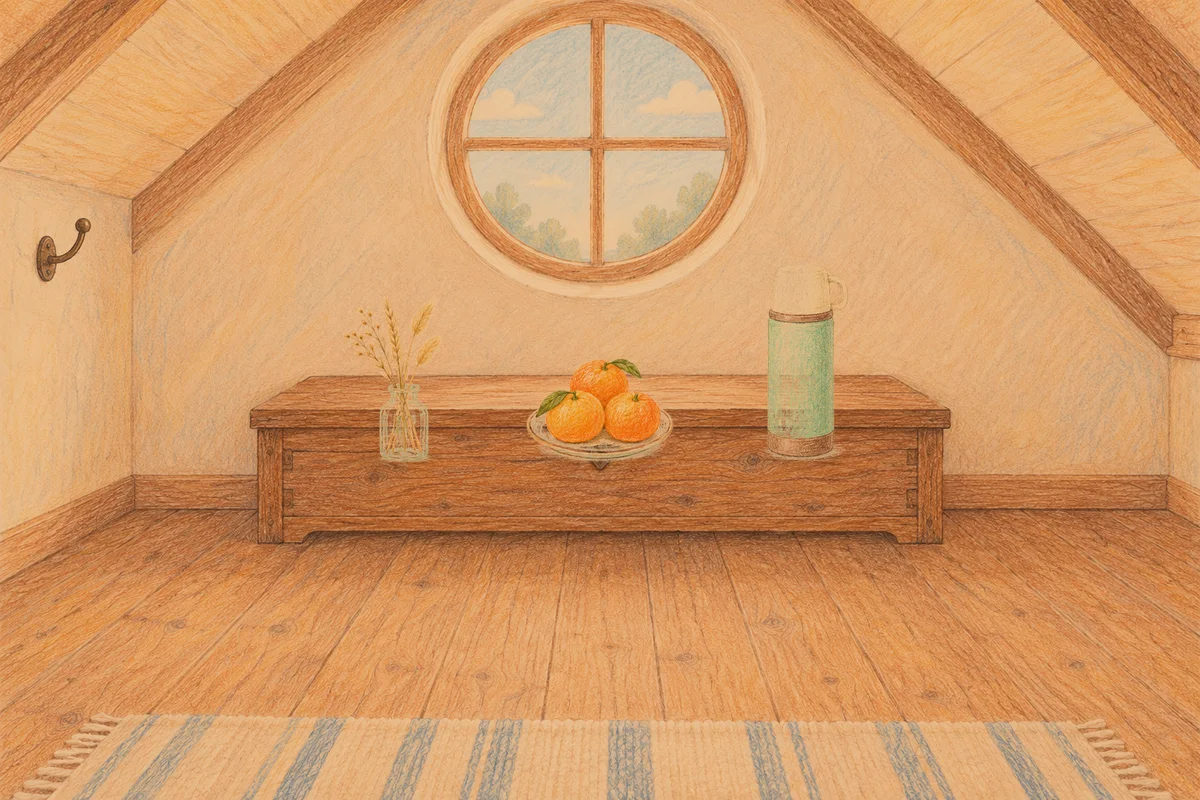 잠실 여성전용 발관리 추천 안내 그림, 저녁의 다락방 나무 궤짝 위에 놓인 마른 풀을 꽂은 항아리, 귤이 담긴 접시, 보온병