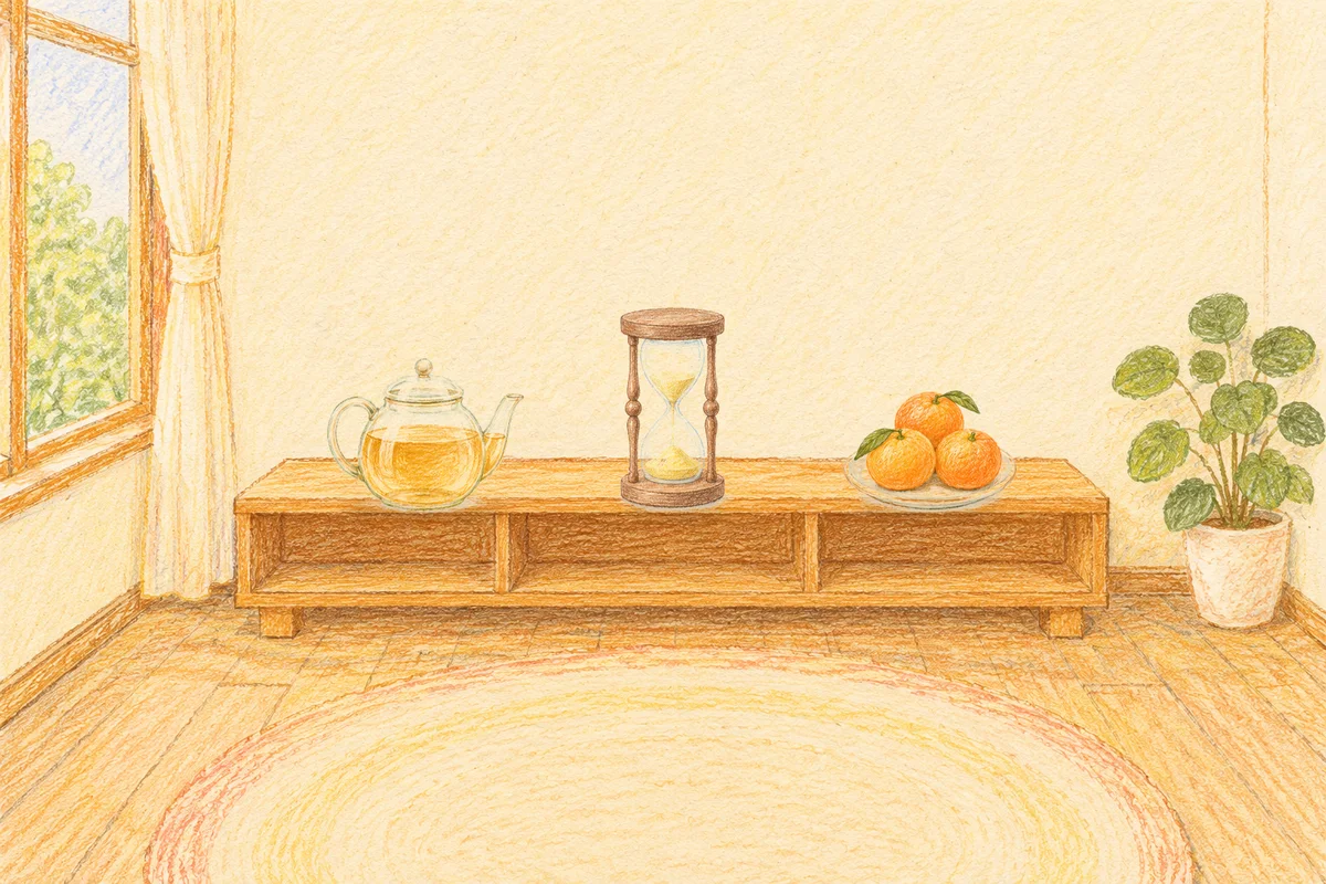 잠실 여성전용 림프 마사지 안내 그림, 낮의 창가 낮은 선반 위에 놓인 유리 티포트, 모래시계, 귤이 담긴 접시