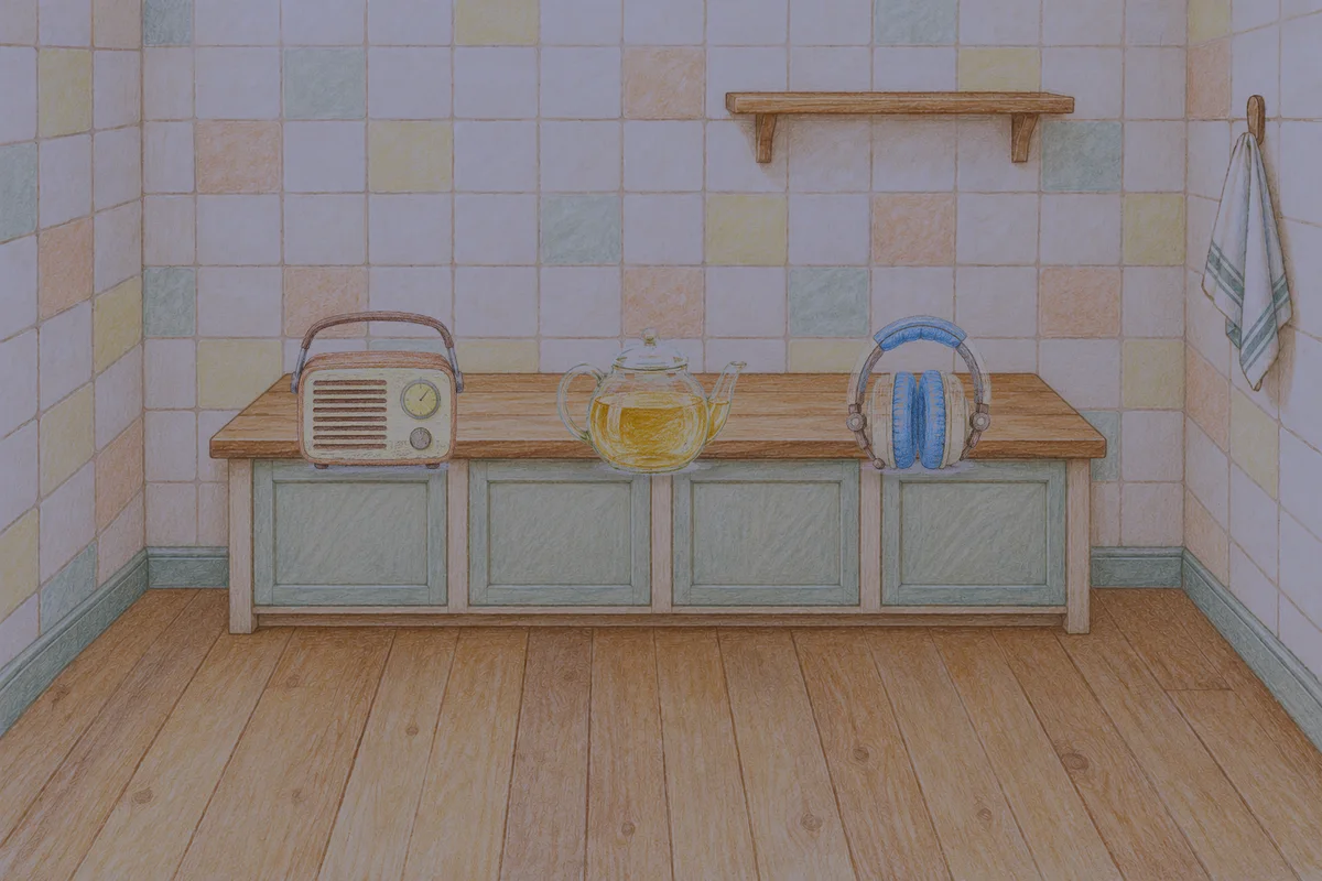잠실 여성전용 슬리밍 마사지 안내 그림, 밤의 부엌 나무 조리대 위에 놓인 작은 라디오, 유리 티포트, 헤드폰