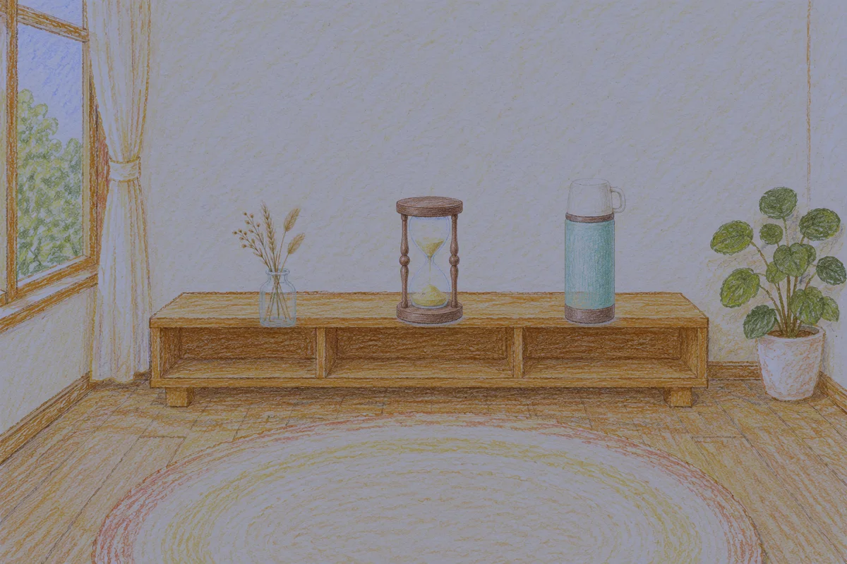 잠실 여성전용 다이어트 마사지 안내 그림, 밤의 창가 낮은 선반 위에 놓인 마른 풀을 꽂은 항아리, 모래시계, 보온병
