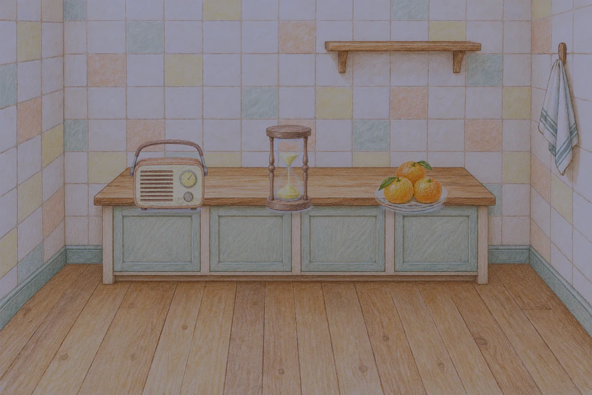 잠실 여성전용 복부 마사지 안내 그림, 밤의 부엌 나무 조리대 위에 놓인 작은 라디오, 모래시계, 귤이 담긴 접시