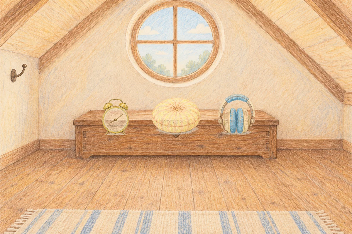 잠실 여성전용 두피 마사지 안내 그림, 낮의 다락방 나무 궤짝 위에 놓인 둥근 알람시계, 둥근 쿠션, 헤드폰