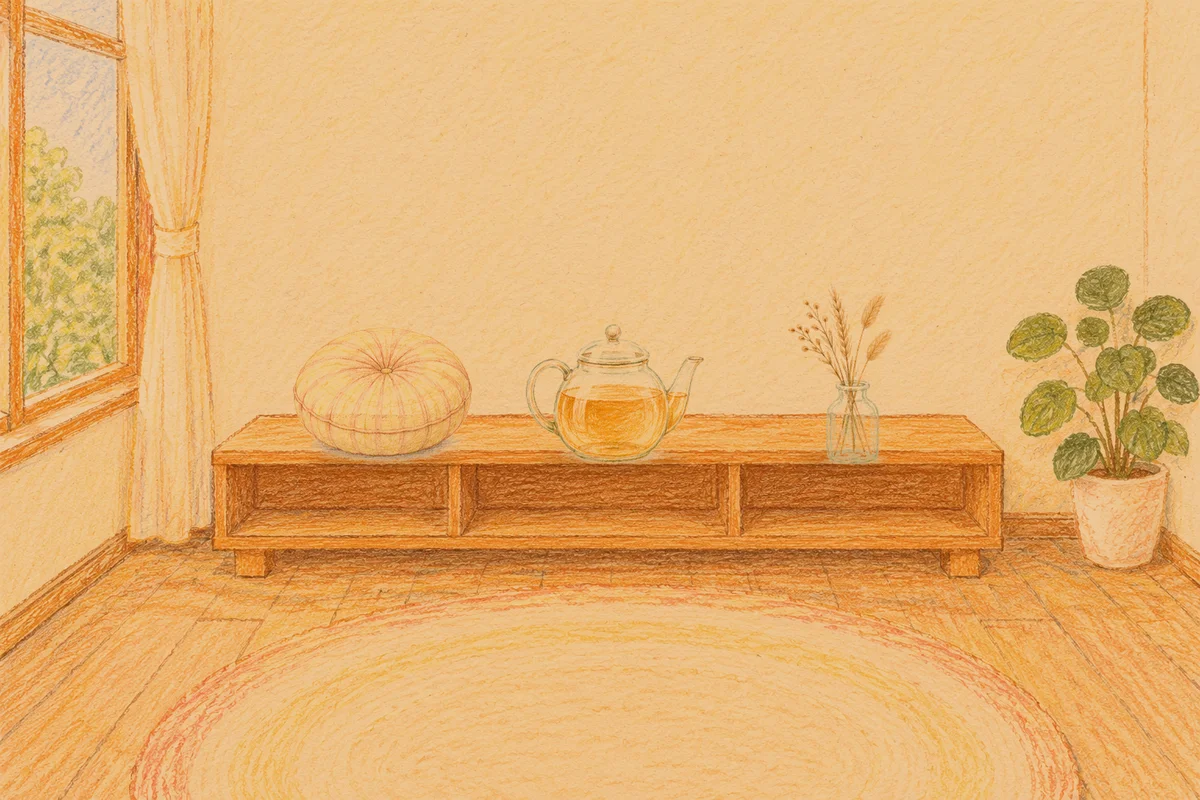 잠실 여성전용 두피 케어 안내 그림, 저녁의 창가 낮은 선반 위에 놓인 둥근 쿠션, 유리 티포트, 마른 풀을 꽂은 항아리
