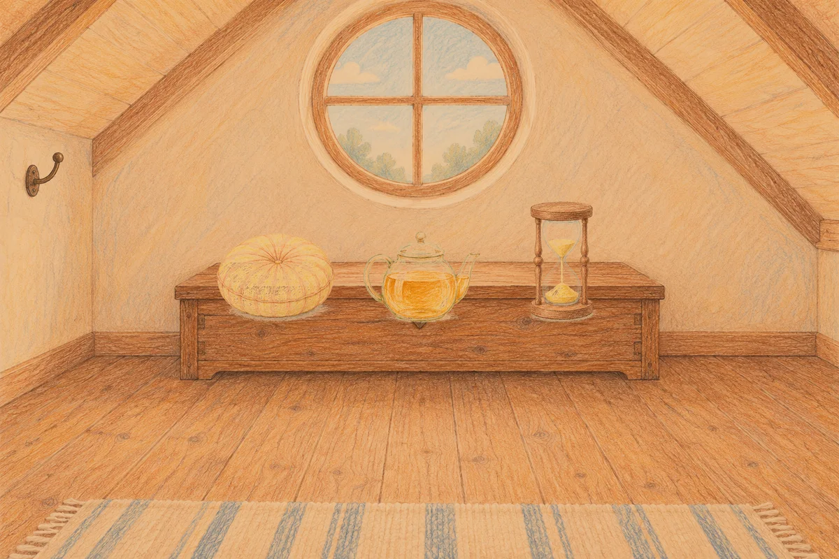 잠실 여성전용 스트레스 케어 안내 그림, 저녁의 다락방 나무 궤짝 위에 놓인 둥근 쿠션, 유리 티포트, 모래시계