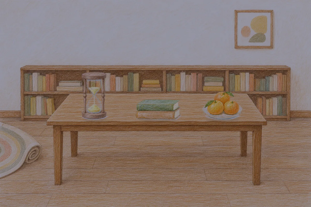 잠실 여성전용 브라이덜 케어 안내 그림, 밤의 서재 긴 책상 위에 놓인 모래시계, 책 두 권, 귤이 담긴 접시