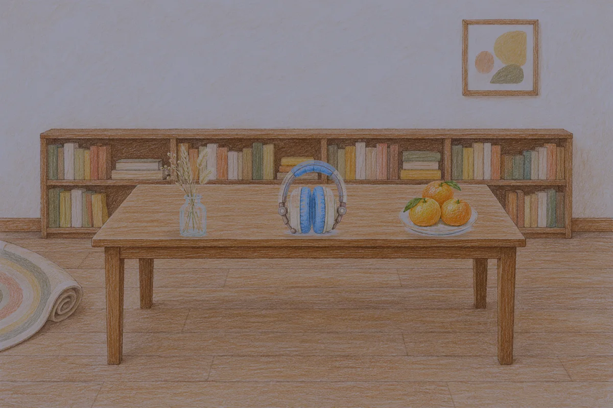 잠실 여성전용 후기 마사지 안내 그림, 밤의 서재 긴 책상 위에 놓인 마른 풀을 꽂은 항아리, 헤드폰, 귤이 담긴 접시