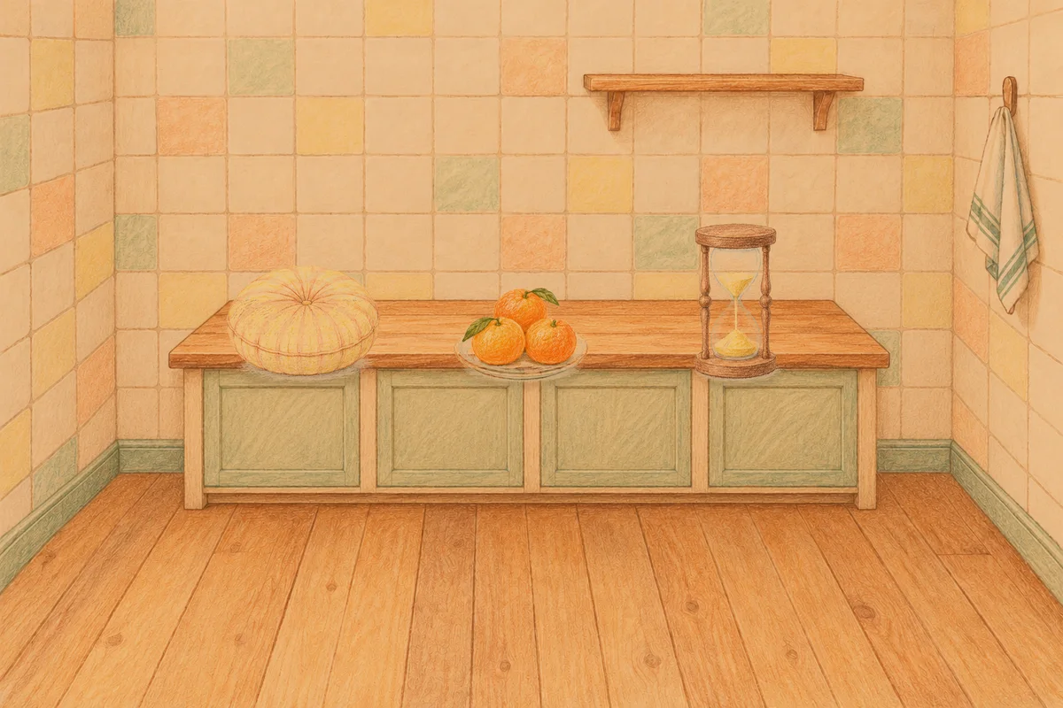 잠실 여성전용 가격 마사지 안내 그림, 저녁의 부엌 나무 조리대 위에 놓인 둥근 쿠션, 귤이 담긴 접시, 모래시계