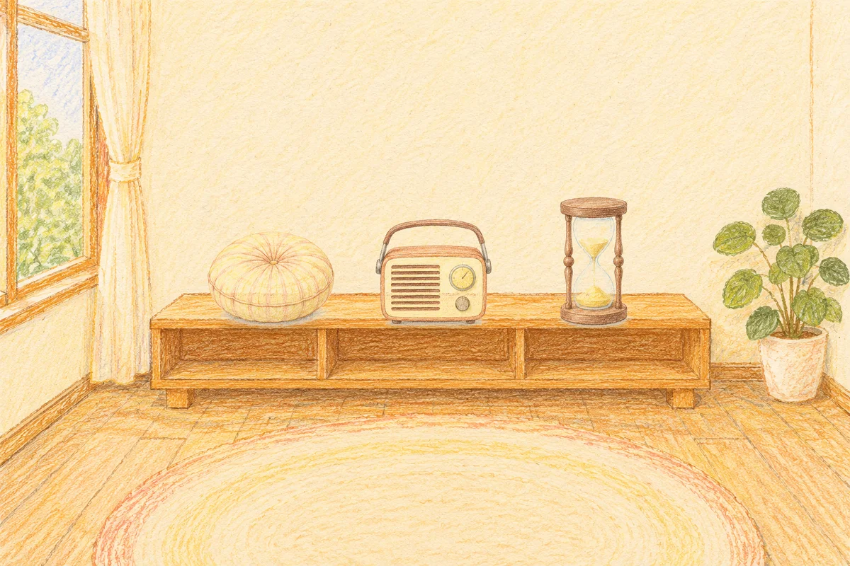 잠실 여성전용 추천 마사지 안내 그림, 낮의 창가 낮은 선반 위에 놓인 둥근 쿠션, 작은 라디오, 모래시계