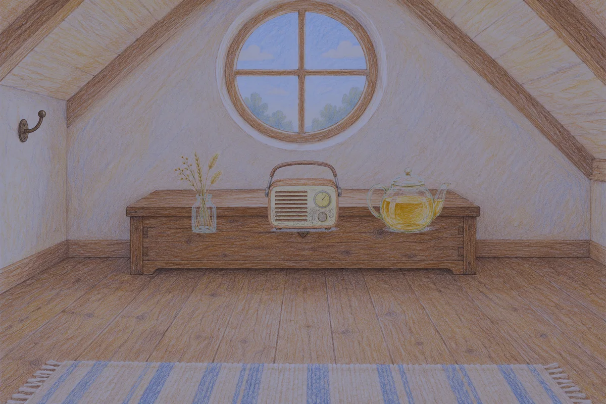신천동 여성전용 라벤더 아로마 안내 그림, 밤의 다락방 나무 궤짝 위에 놓인 마른 풀을 꽂은 항아리, 작은 라디오, 유리 티포트