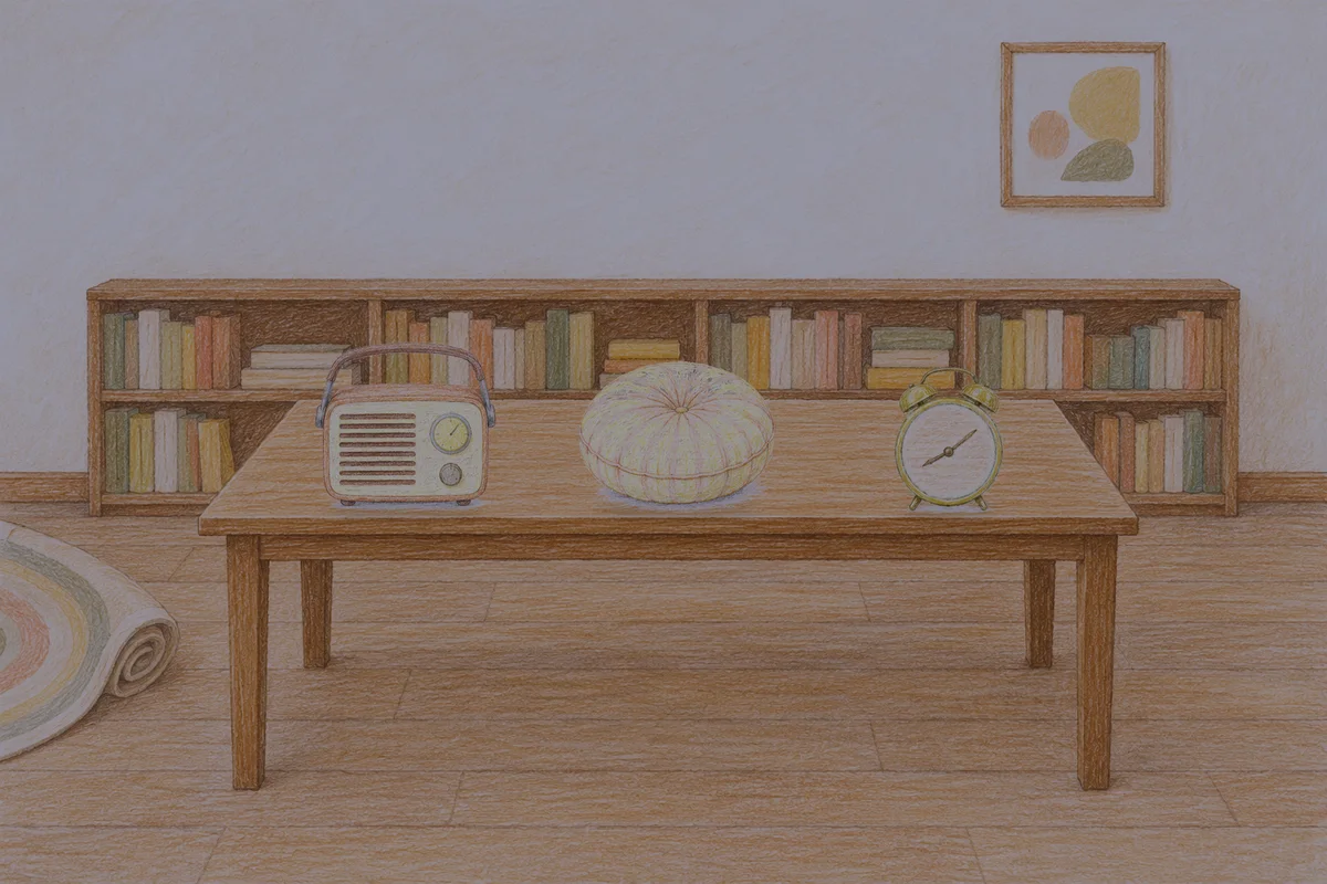 신천동 여성전용 아로마 마사지 후기 안내 그림, 밤의 서재 긴 책상 위에 놓인 작은 라디오, 둥근 쿠션, 둥근 알람시계