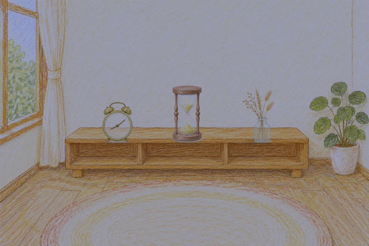 신천동 여성전용 스웨디시 가격 안내 그림, 밤의 창가 낮은 선반 위에 놓인 둥근 알람시계, 모래시계, 마른 풀을 꽂은 항아리