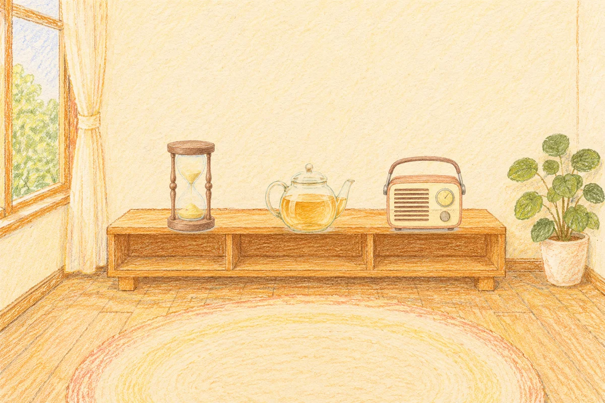신천동 여성전용 아로마 추천 안내 그림, 낮의 창가 낮은 선반 위에 놓인 모래시계, 유리 티포트, 작은 라디오