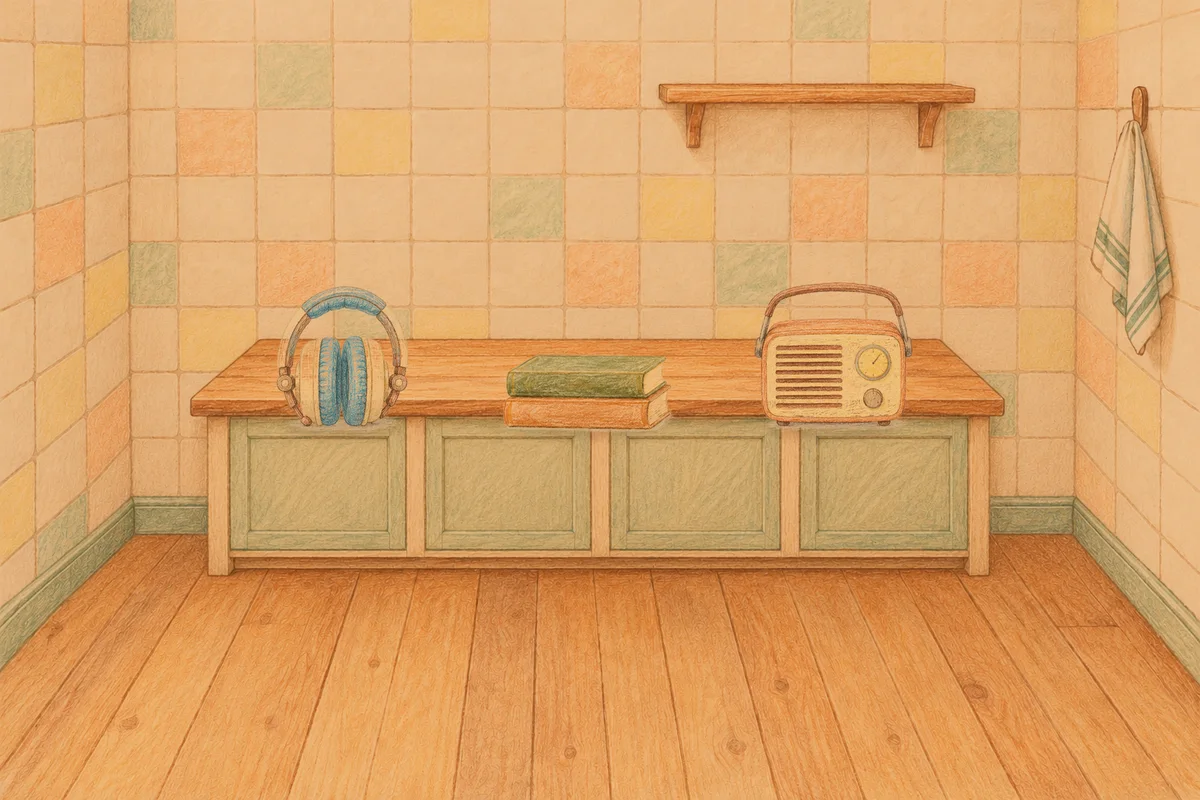 신천동 여성전용 경락마사지 안내 그림, 저녁의 부엌 나무 조리대 위에 놓인 헤드폰, 책 두 권, 작은 라디오
