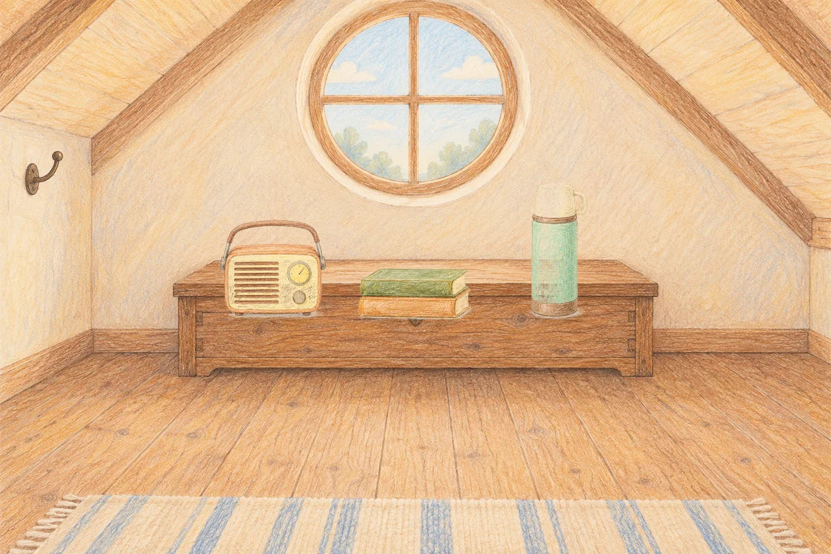 신천동 여성전용 경락 케어 안내 그림, 낮의 다락방 나무 궤짝 위에 놓인 작은 라디오, 책 두 권, 보온병