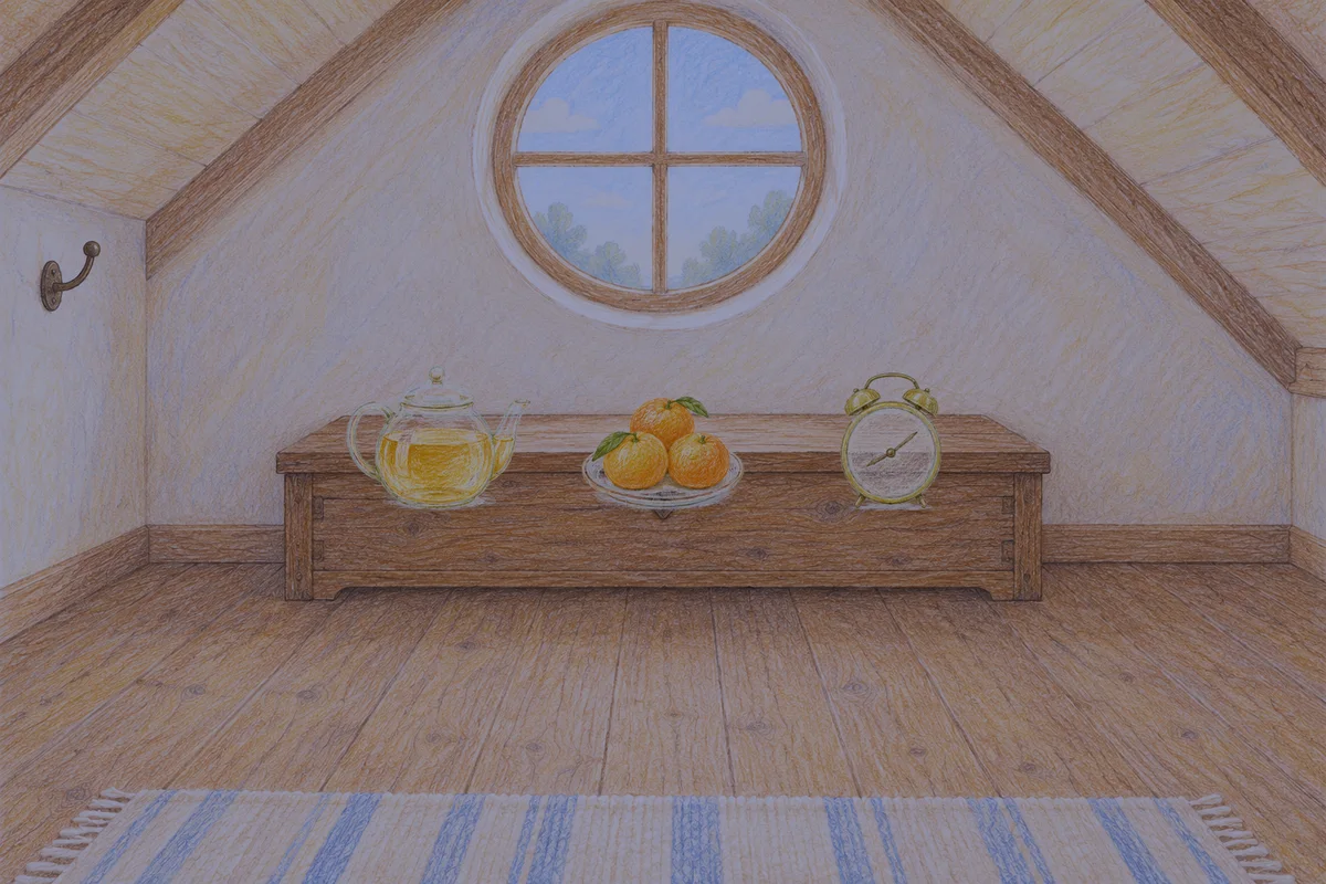 신천동 여성전용 얼굴 경락 안내 그림, 밤의 다락방 나무 궤짝 위에 놓인 유리 티포트, 귤이 담긴 접시, 둥근 알람시계