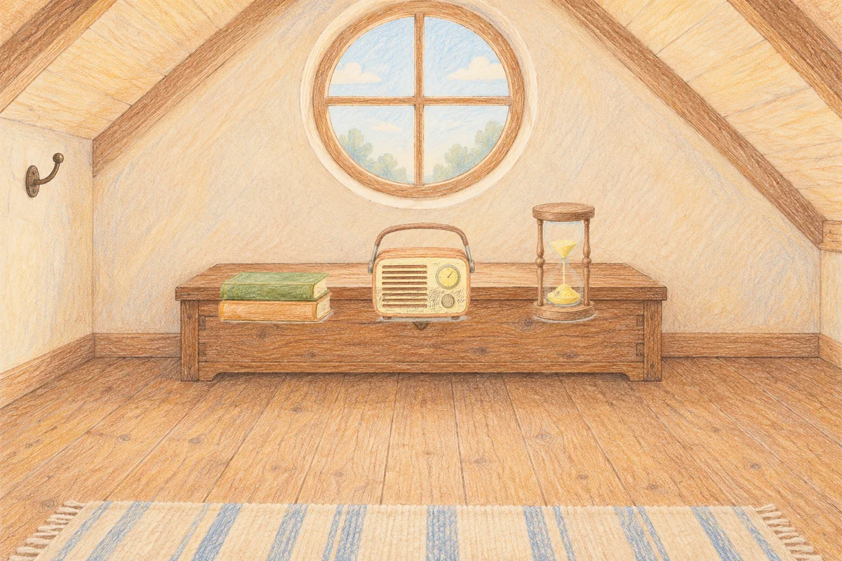 신천동 여성전용 경락마사지 후기 안내 그림, 낮의 다락방 나무 궤짝 위에 놓인 책 두 권, 작은 라디오, 모래시계