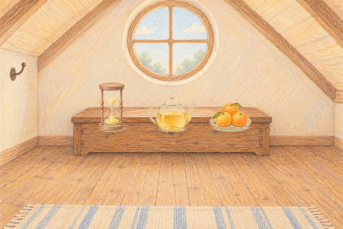 신천동 여성전용 경락 가격 안내 그림, 낮의 다락방 나무 궤짝 위에 놓인 모래시계, 유리 티포트, 귤이 담긴 접시