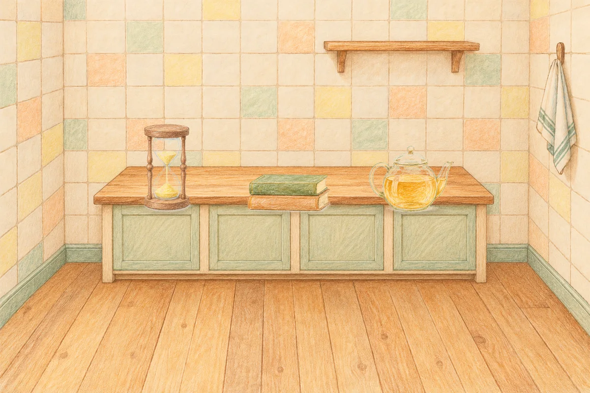 신천동 여성전용 경락 추천 안내 그림, 낮의 부엌 나무 조리대 위에 놓인 모래시계, 책 두 권, 유리 티포트