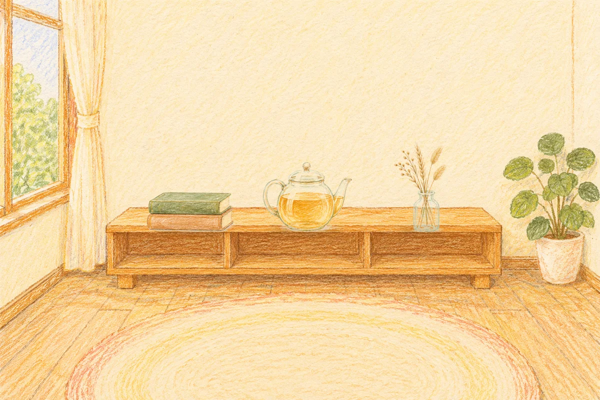 신천동 여성전용 발마사지 안내 그림, 낮의 창가 낮은 선반 위에 놓인 책 두 권, 유리 티포트, 마른 풀을 꽂은 항아리