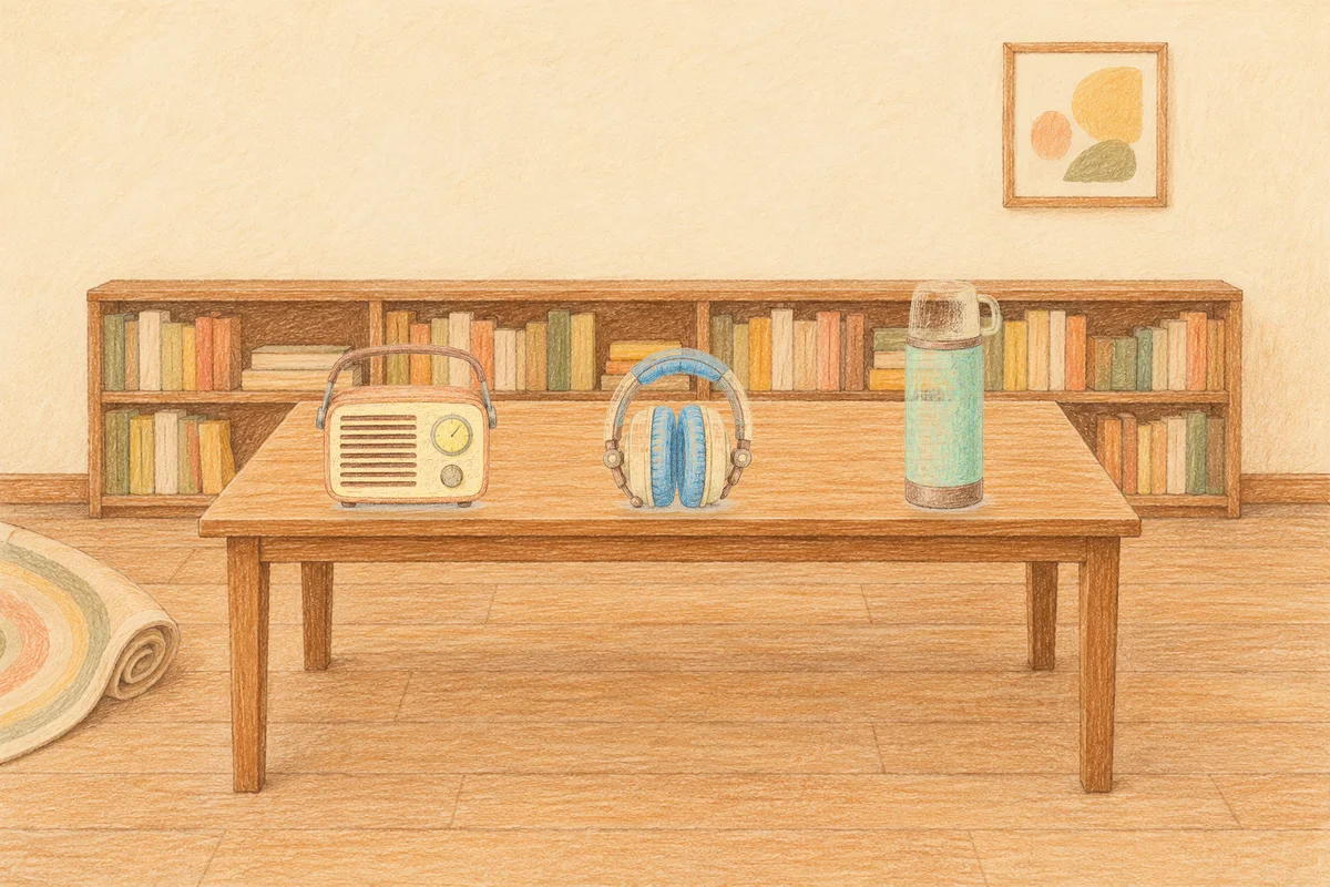 신천동 여성전용 발 케어 안내 그림, 낮의 서재 긴 책상 위에 놓인 작은 라디오, 헤드폰, 보온병