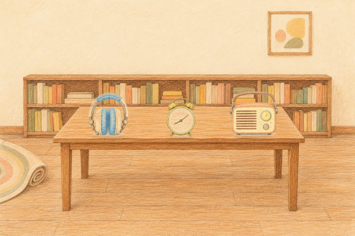 신천동 여성전용 셀룰라이트 관리 안내 그림, 낮의 서재 긴 책상 위에 놓인 헤드폰, 둥근 알람시계, 작은 라디오