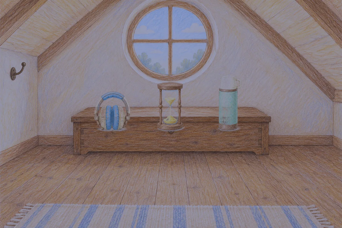 신천동 여성전용 바디 케어 안내 그림, 밤의 다락방 나무 궤짝 위에 놓인 헤드폰, 모래시계, 보온병