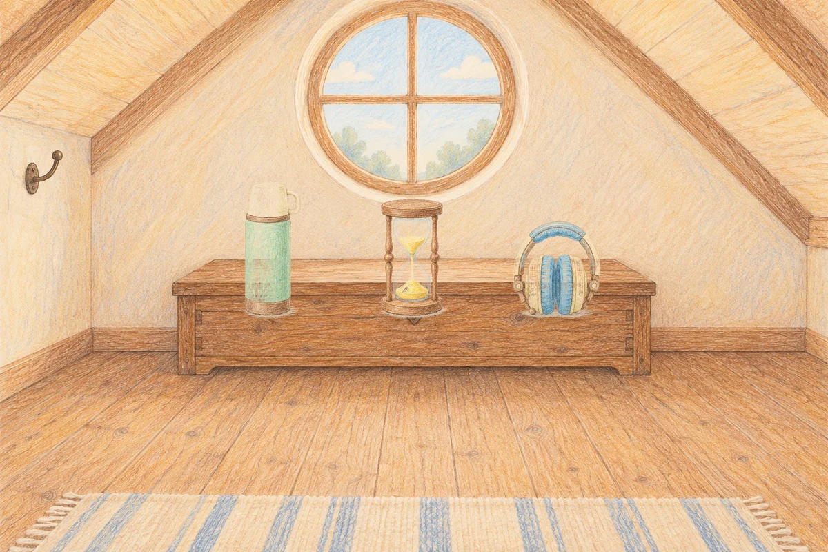 신천동 여성전용 슬리밍 마사지 안내 그림, 낮의 다락방 나무 궤짝 위에 놓인 보온병, 모래시계, 헤드폰