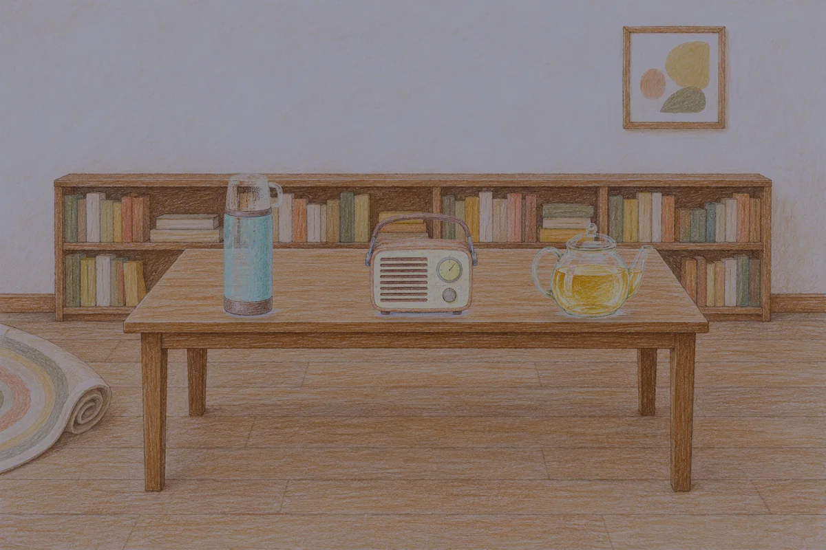 신천동 여성전용 다이어트 마사지 안내 그림, 밤의 서재 긴 책상 위에 놓인 보온병, 작은 라디오, 유리 티포트