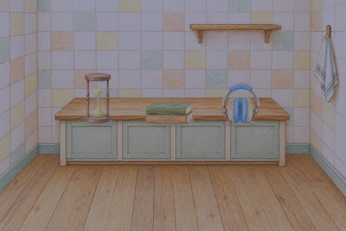 신천동 여성전용 등 마사지 안내 그림, 밤의 부엌 나무 조리대 위에 놓인 모래시계, 책 두 권, 헤드폰