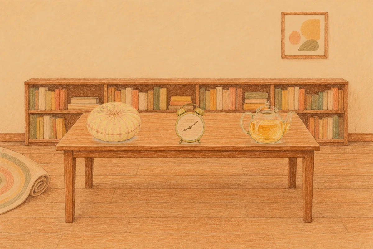 신천동 여성전용 두피 케어 안내 그림, 저녁의 서재 긴 책상 위에 놓인 둥근 쿠션, 둥근 알람시계, 유리 티포트
