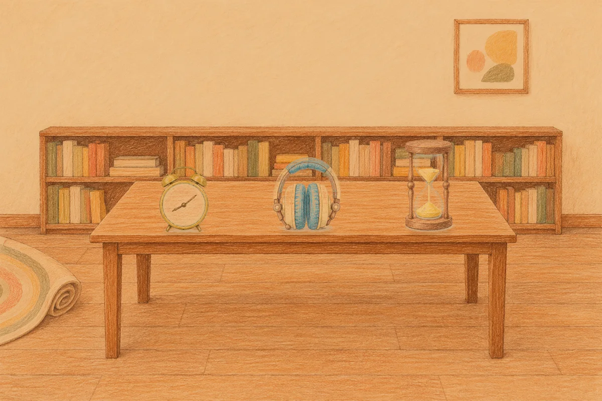 신천동 여성전용 어깨 마사지 안내 그림, 저녁의 서재 긴 책상 위에 놓인 둥근 알람시계, 헤드폰, 모래시계