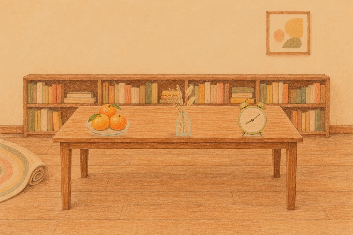 신천동 여성전용 스트레스 케어 안내 그림, 저녁의 서재 긴 책상 위에 놓인 귤이 담긴 접시, 마른 풀을 꽂은 항아리, 둥근 알람시계