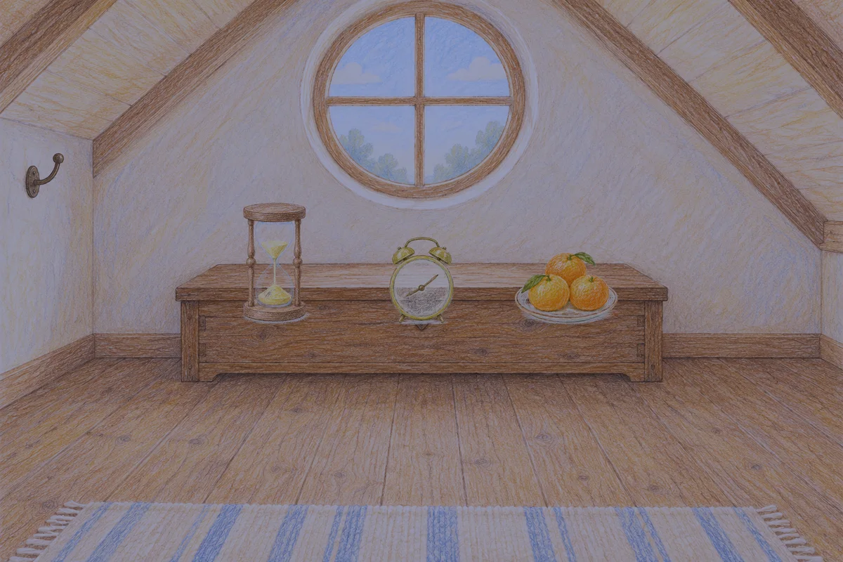 신천동 여성전용 피로 회복 마사지 안내 그림, 밤의 다락방 나무 궤짝 위에 놓인 모래시계, 둥근 알람시계, 귤이 담긴 접시