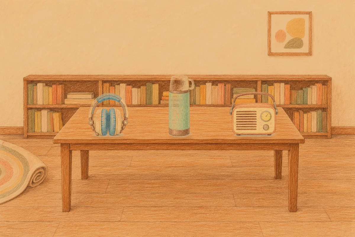 신천동 여성전용 페이셜 마사지 안내 그림, 저녁의 서재 긴 책상 위에 놓인 헤드폰, 보온병, 작은 라디오