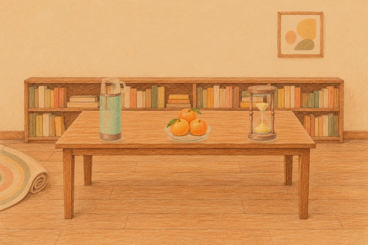 신천동 여성전용 브라이덜 케어 안내 그림, 저녁의 서재 긴 책상 위에 놓인 보온병, 귤이 담긴 접시, 모래시계