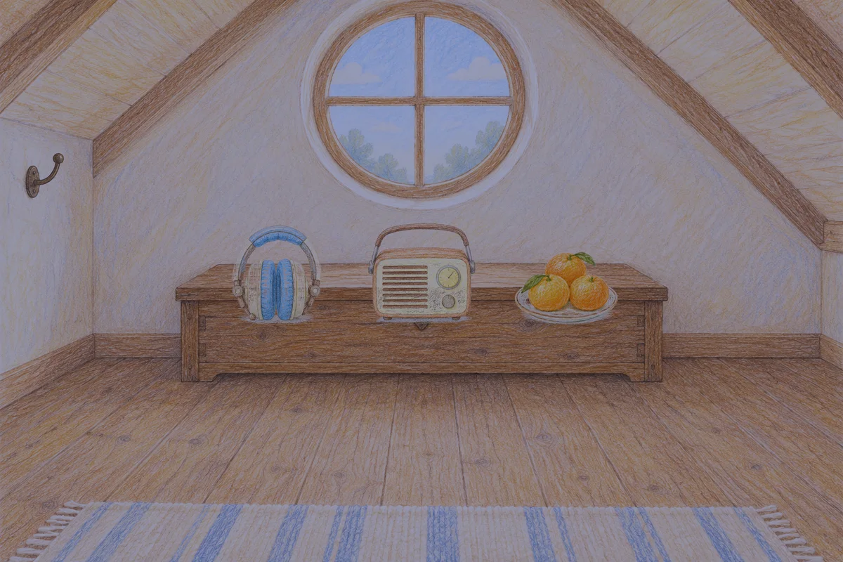 신천동 여성전용 피부 관리 안내 그림, 밤의 다락방 나무 궤짝 위에 놓인 헤드폰, 작은 라디오, 귤이 담긴 접시