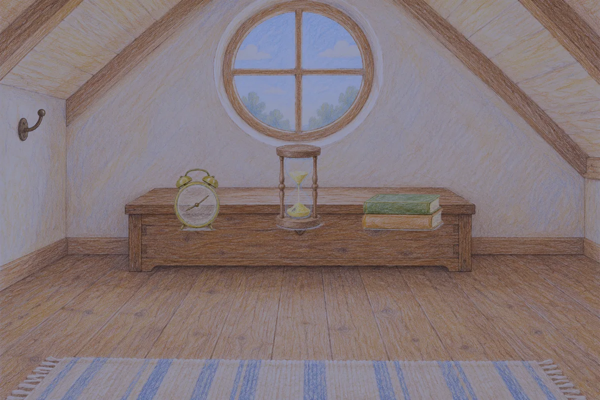 신천동 여성전용 예약 마사지 안내 그림, 밤의 다락방 나무 궤짝 위에 놓인 둥근 알람시계, 모래시계, 책 두 권