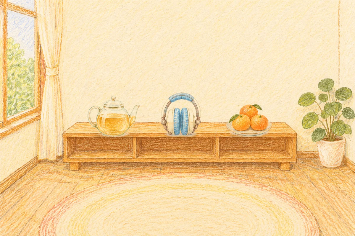 신천동 여성전용 후기 마사지 안내 그림, 낮의 창가 낮은 선반 위에 놓인 유리 티포트, 헤드폰, 귤이 담긴 접시
