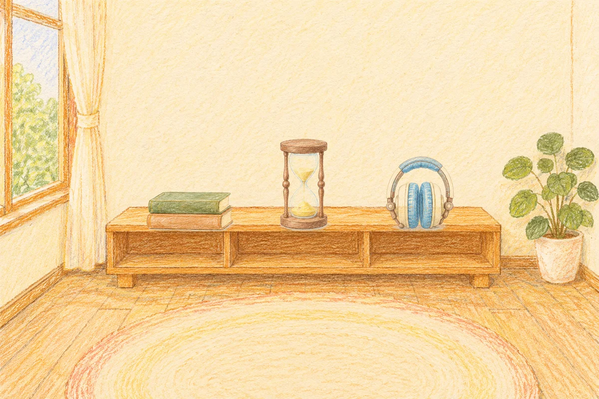 신천동 여성전용 추천 마사지 안내 그림, 낮의 창가 낮은 선반 위에 놓인 책 두 권, 모래시계, 헤드폰